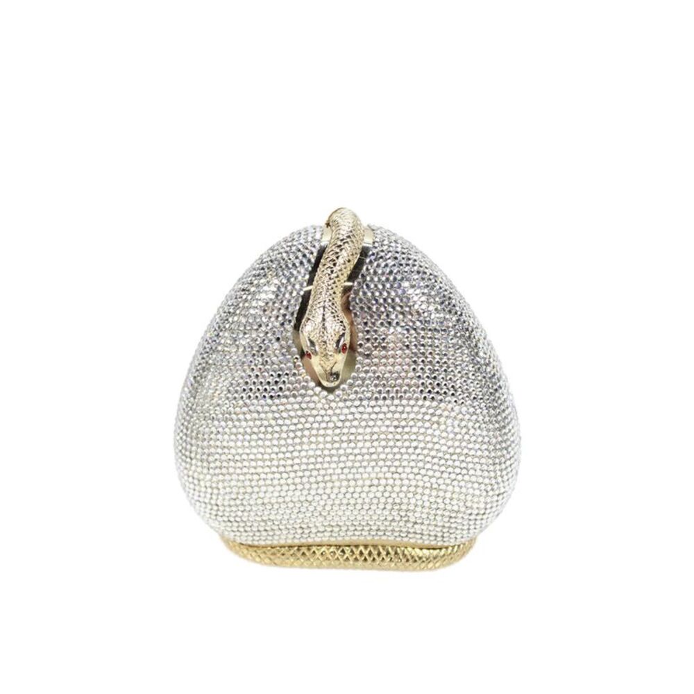Judith Leiber Womens Swarovski Crystal Snake Charmer Minaudiere Handbag Silver